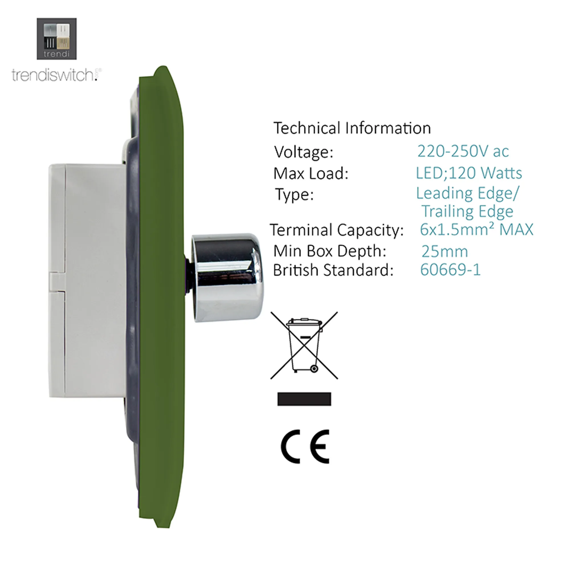 1 Gang 1 Way LED Dimmer Switch Moss Green ART-LDMMG  Trendi Moss Green